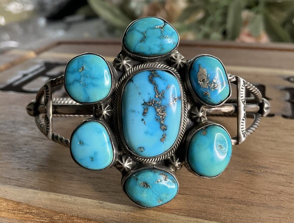 Vintage RB 925 Sterling Silver Turquoise Cluster Cuff Bracelet S/M